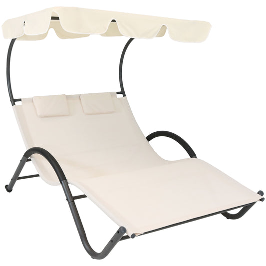 Double Chaise Lounge with Canopy Shade and Headrest Pillows, Beige