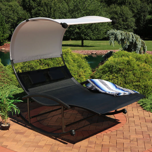 Double Chaise Lounge Bed with Canopy Shade and Headrest Pillows, Black