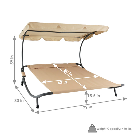 Double Chaise Lounge Bed with Canopy Shade and Headrest Pillows, Beige