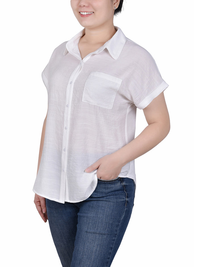 Petite Short Sleeve Woven Front/Jersey Back Blouse