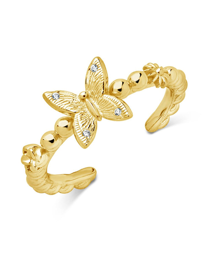 Open Band Ring with Butterfly and Flowers Motif