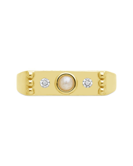 Flat Bar Ring with Pearl and CZ Stones