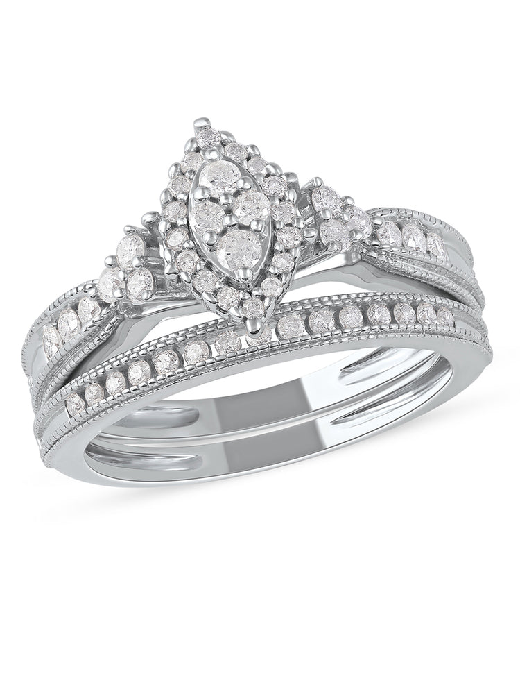 1/2ct TDW Diamond Marquise-Framed Halo Engagement Ring Set