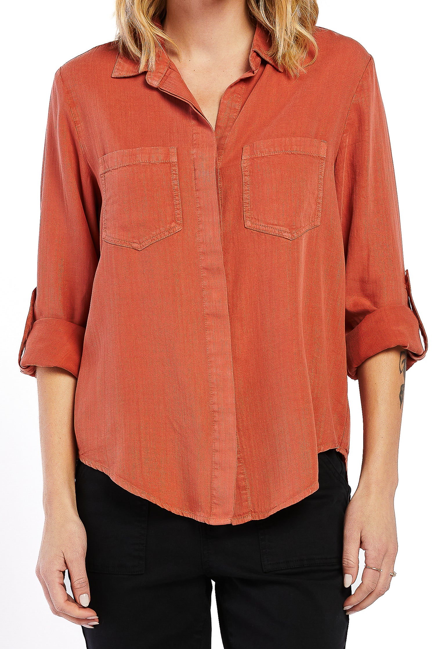  Riley Rolled Tab Sleeve Button Down Shirt - Rust - Bonton