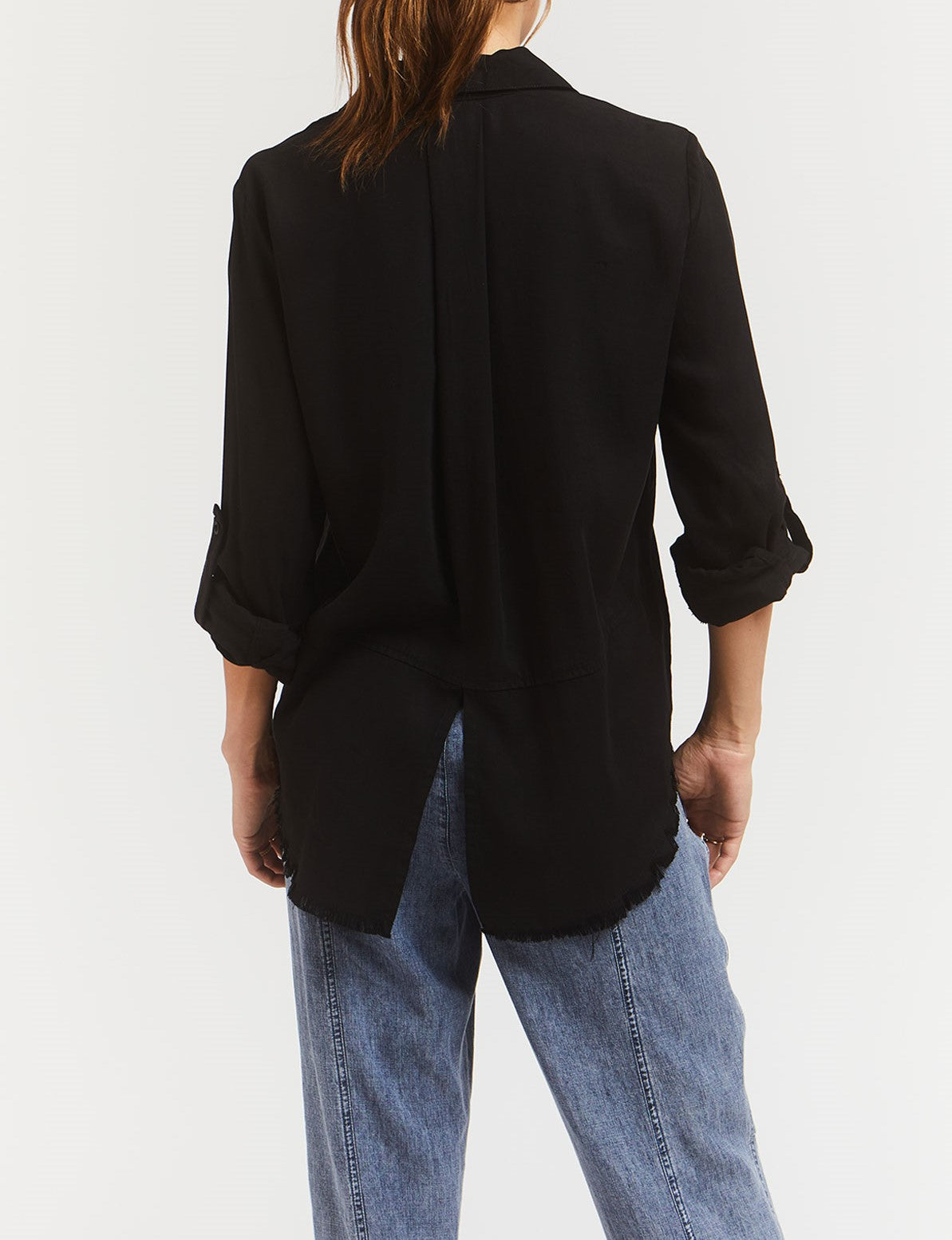  Riley Rolled Tab Sleeve Button Down Shirt Double Chest Pockets - Black - Bonton