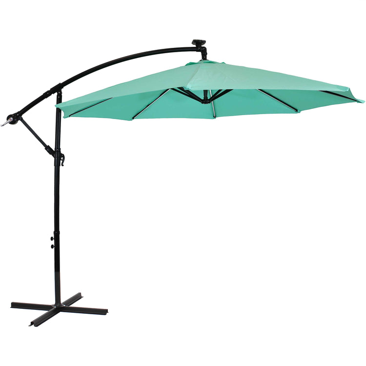 Steel Cantilever Offset Patio Umbrella with Solar LED Lights, Air Vent, Crank, and Base - 9'
