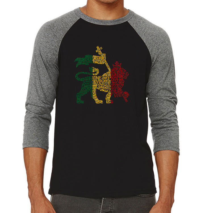 Raglan Baseball Word Art T-shirt - Rasta Lion - One Love