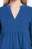Sherin Long Sleeve With Slight Shoulder Shirring V Neck Banded Collar Three Tier Baby Doll Dress Side Seam Pockets
