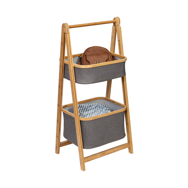 Small Bamboo & Canvas 2-Tier Collapsible A-Frame Shelving Unit