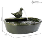 Solar Powered Glazed Ceramic Dove Water Fountain with Submersible Pump and Filter - 7" - Green
