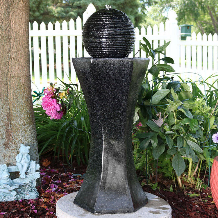 Polyresin Solar Powered Pedestal and Ball Modern Water Fountain with LED Lights - 31"