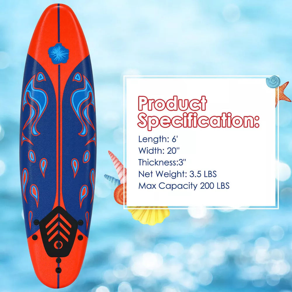  6' Surfboard Foamie Body Surfing Board With 3 Fins & Leash For Kids Adults - Red - Bonton