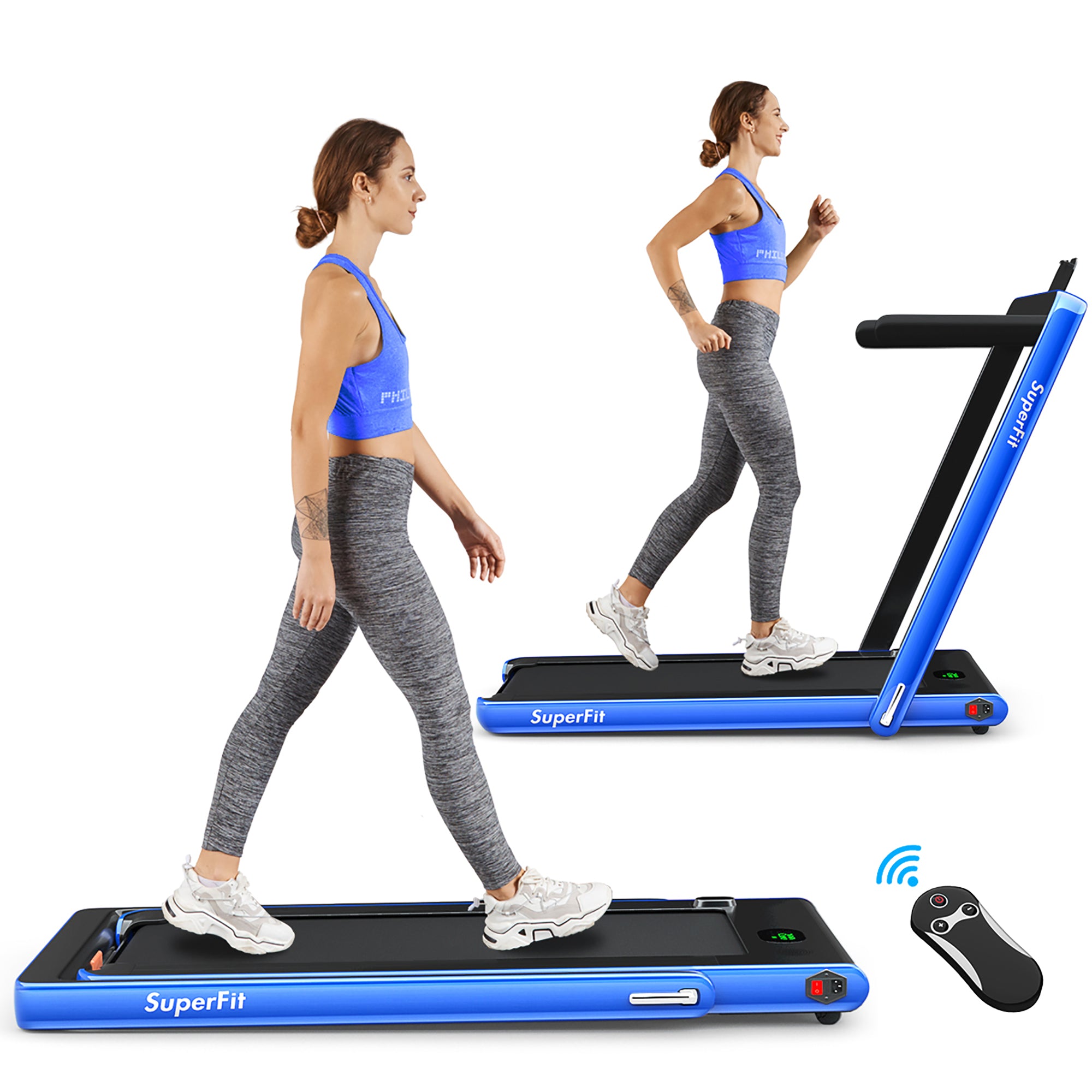  2.25 Horsepower 2 in 1 Folding Treadmill with  APPSpeaker Remote Control - Blue - Bonton