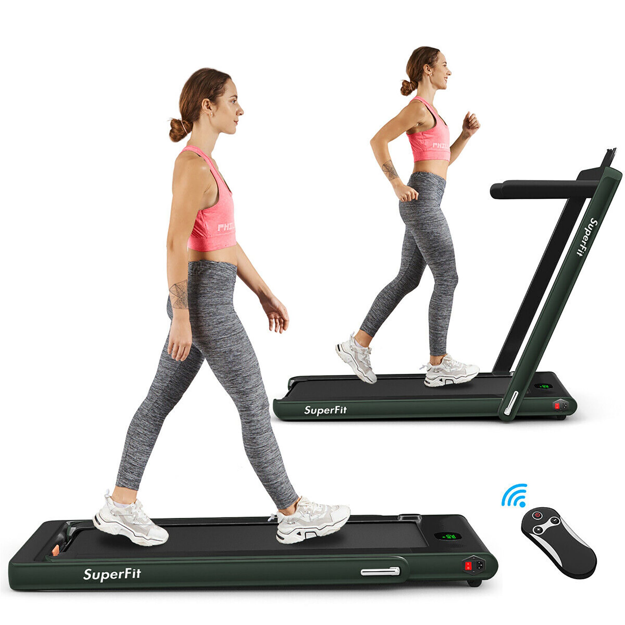  2.25 Horsepower 2 in 1 Folding Treadmill with  APP Speaker Remote Control - Green - Bonton