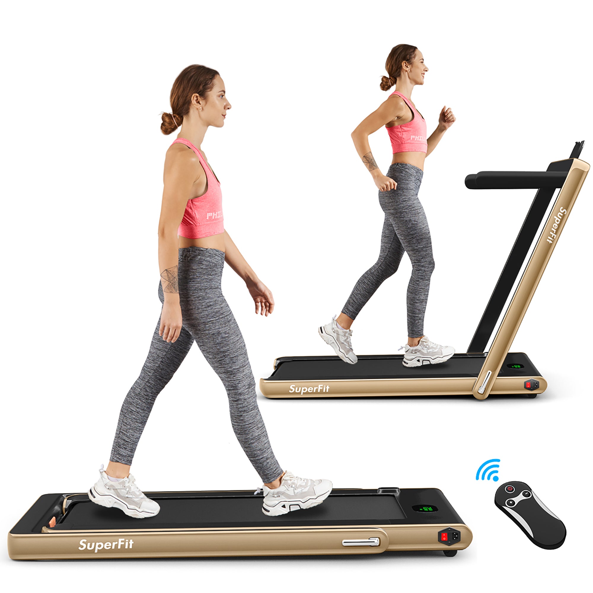  2.25 Horsepower 2 in 1 Folding Treadmill with  APP Speaker Remote Control - Golden - Bonton