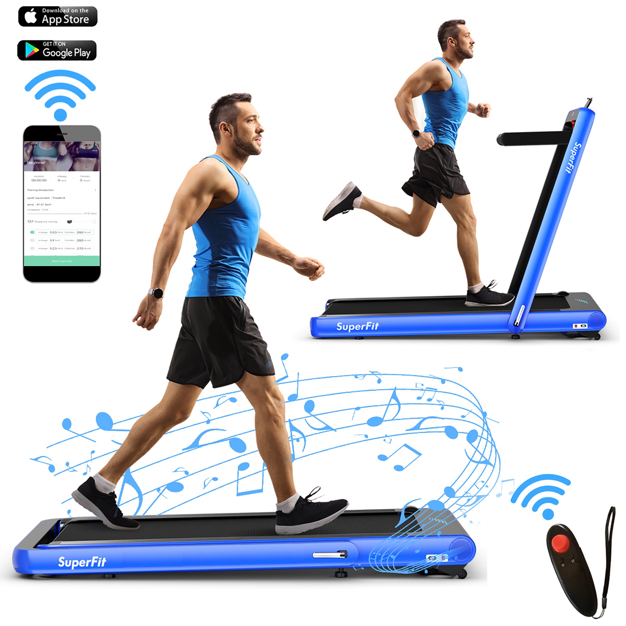  4.75 Horsepower 2 In 1 Folding Treadmill with Remote APP Control - Navy - Bonton