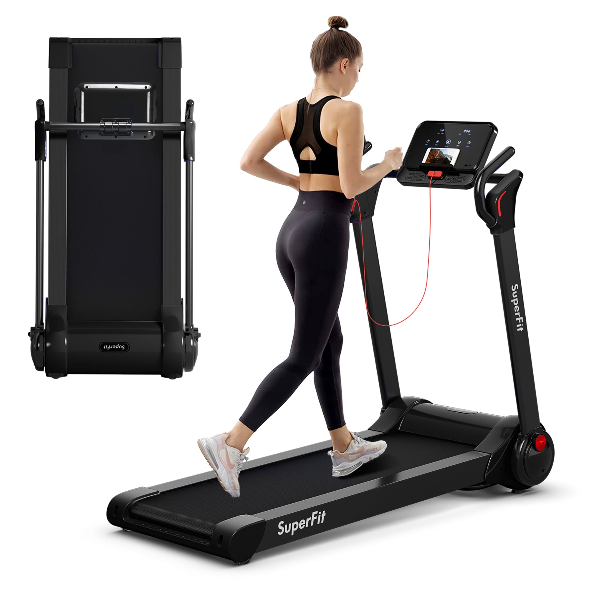  Folding 2.25 Horsepower Electric Treadmill Running Machine APP Control Bluetooth - Navy - Bonton