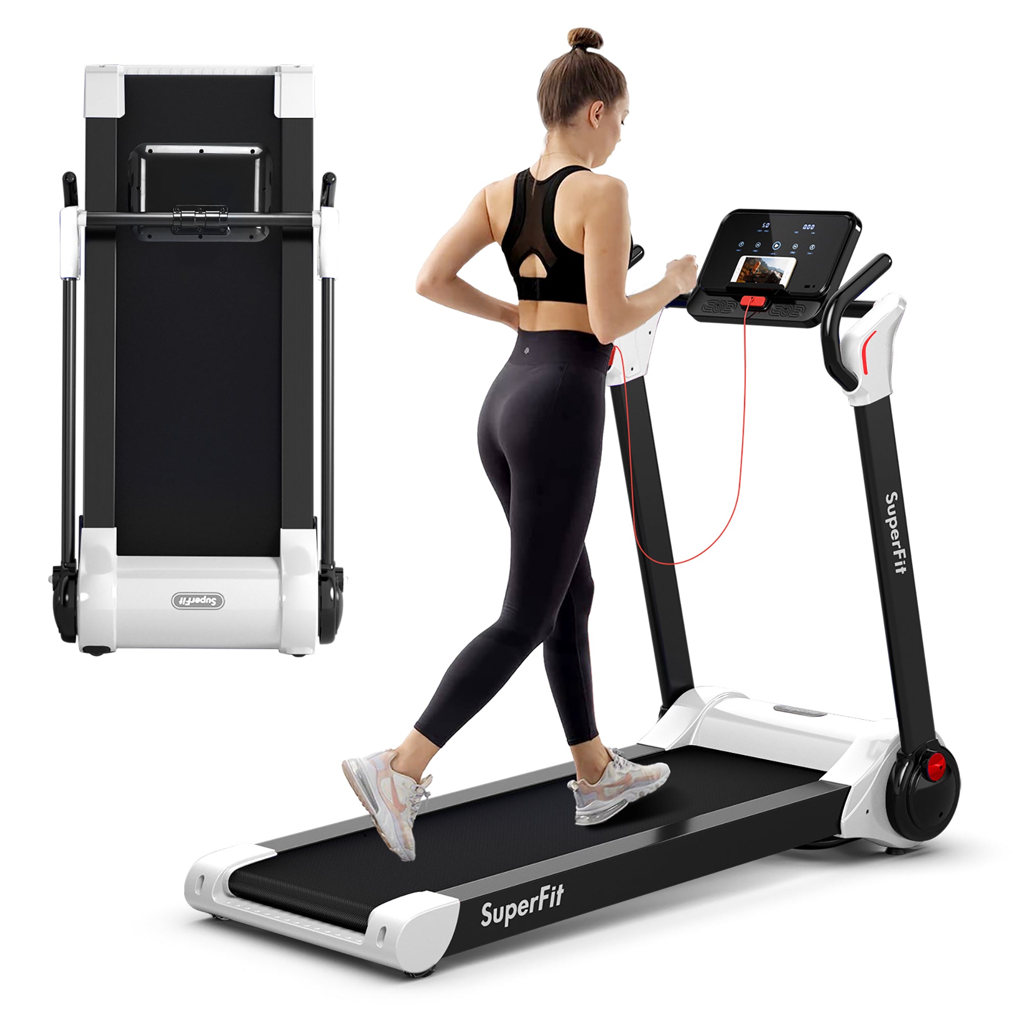  Folding 2.25 Horsepower Electric Treadmill Running Machine APP Control Bluetooth - Red - Bonton