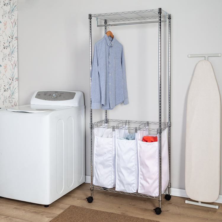Triple Laundry Sorter With Garment Rod And Storage Shelf