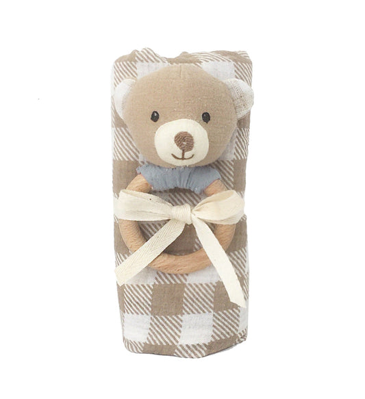 Gingham Muslin and Bear Wood Rattle Gift Set