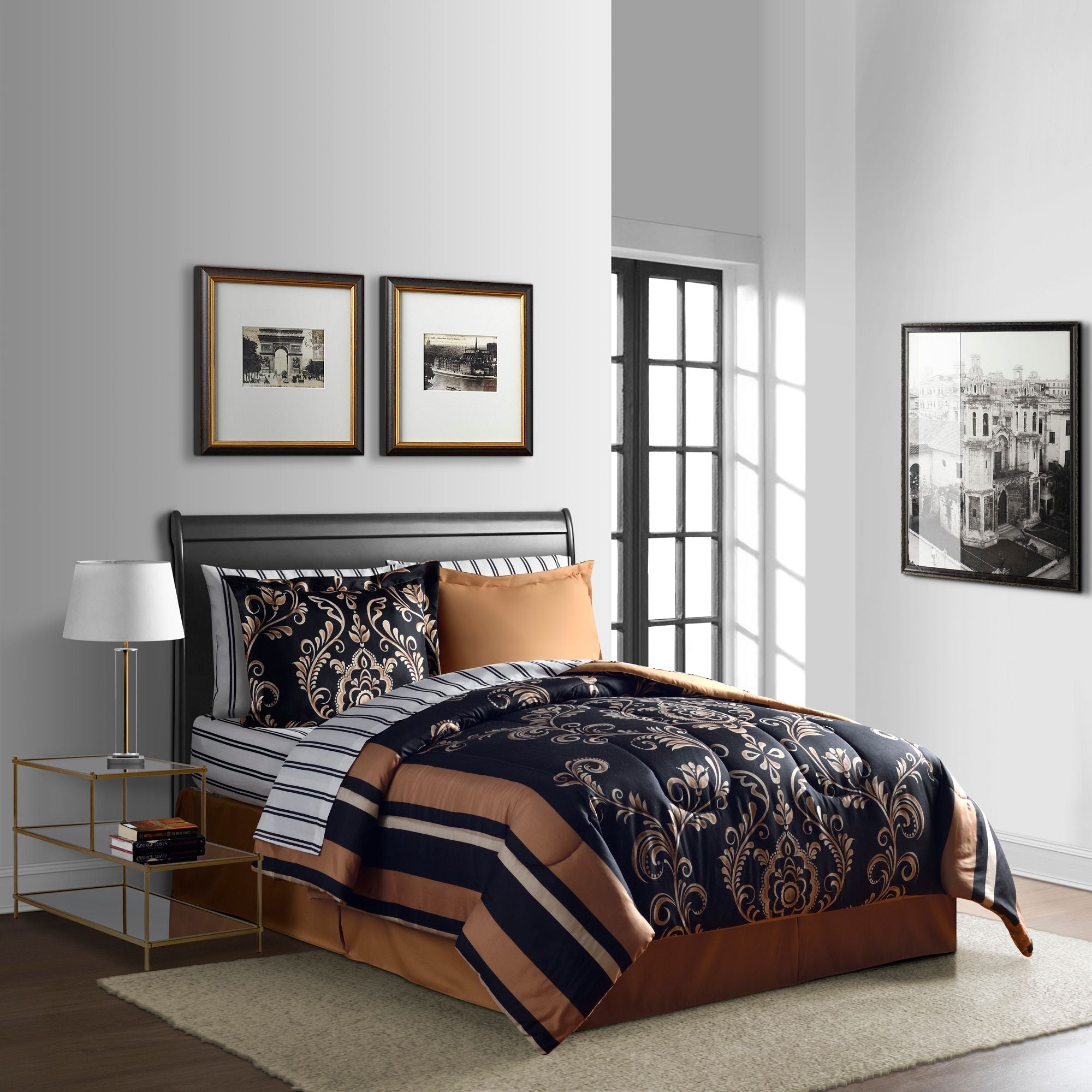  Lanwood Home Sabrina Reversible Comforter Set - Black/Gold - Bonton