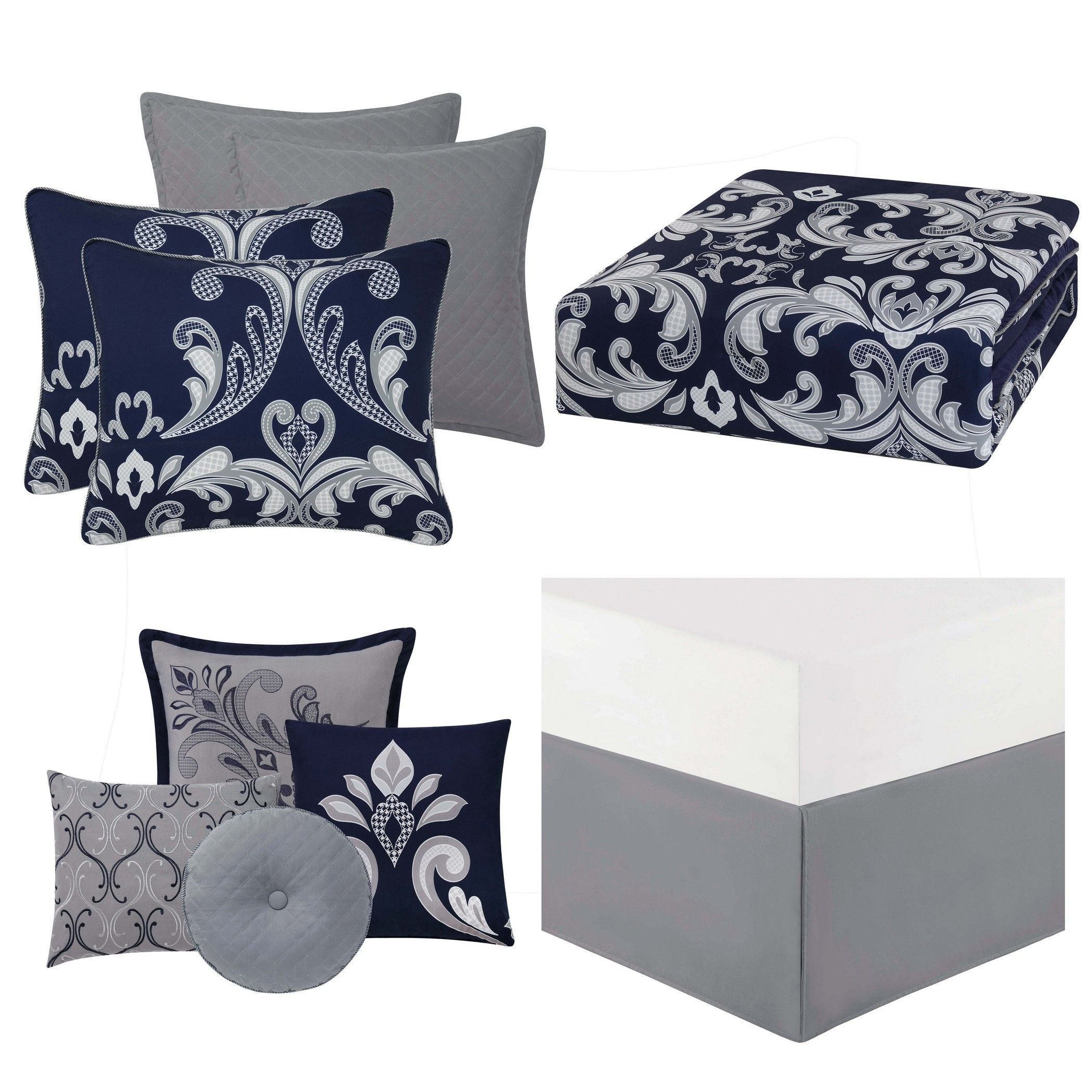  Dolce Scroll Comforter Set - Silver and Navy - Bonton