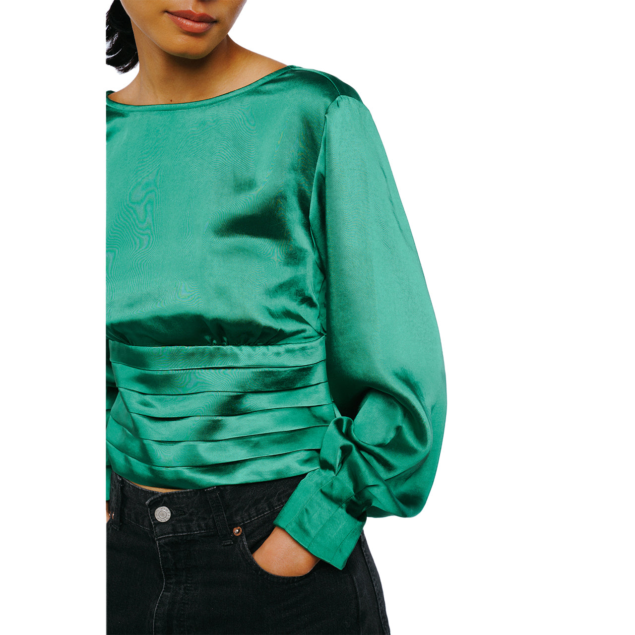  Fosi Pleated Waistband Satin Top - Green - Bonton