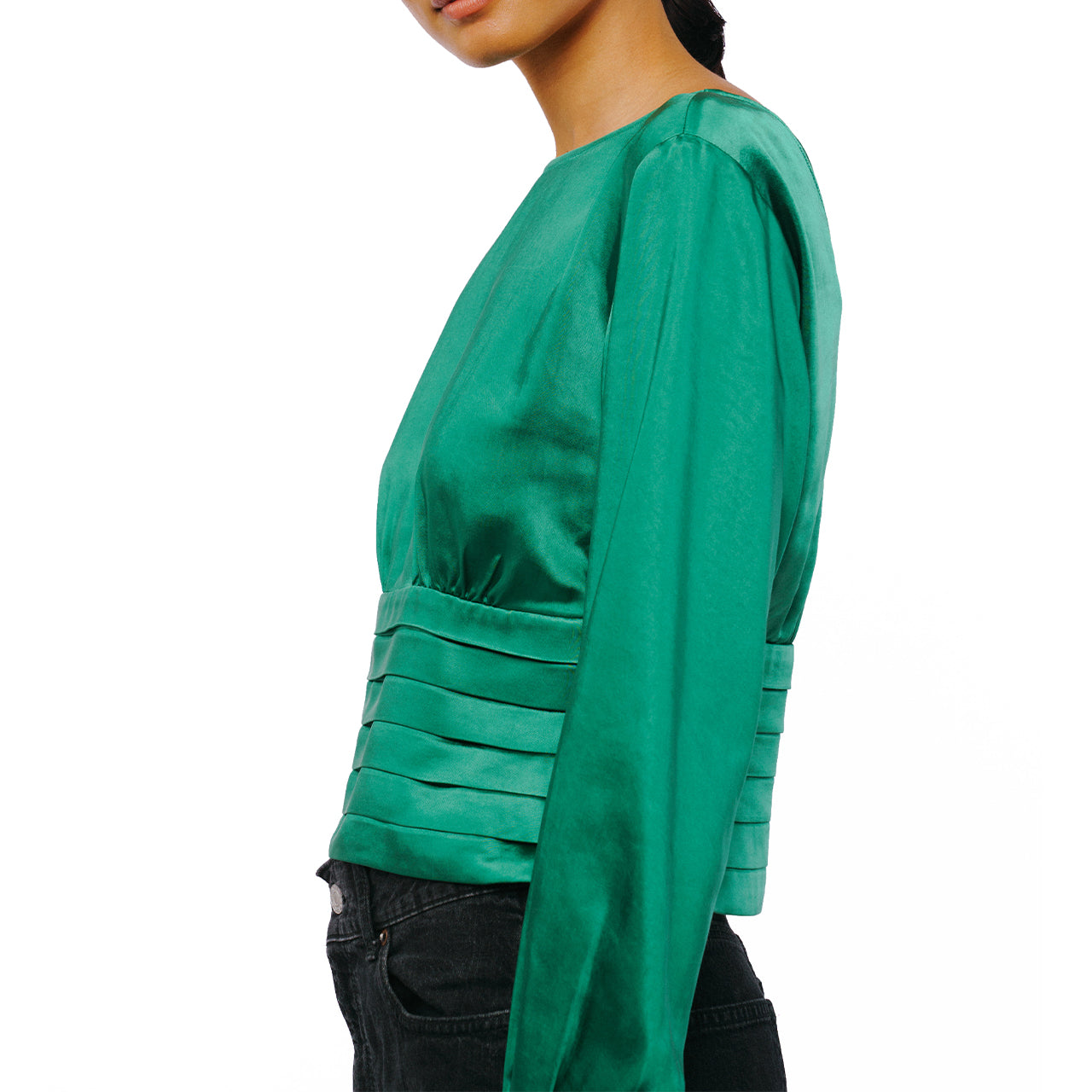  Fosi Pleated Waistband Satin Top - Green - Bonton