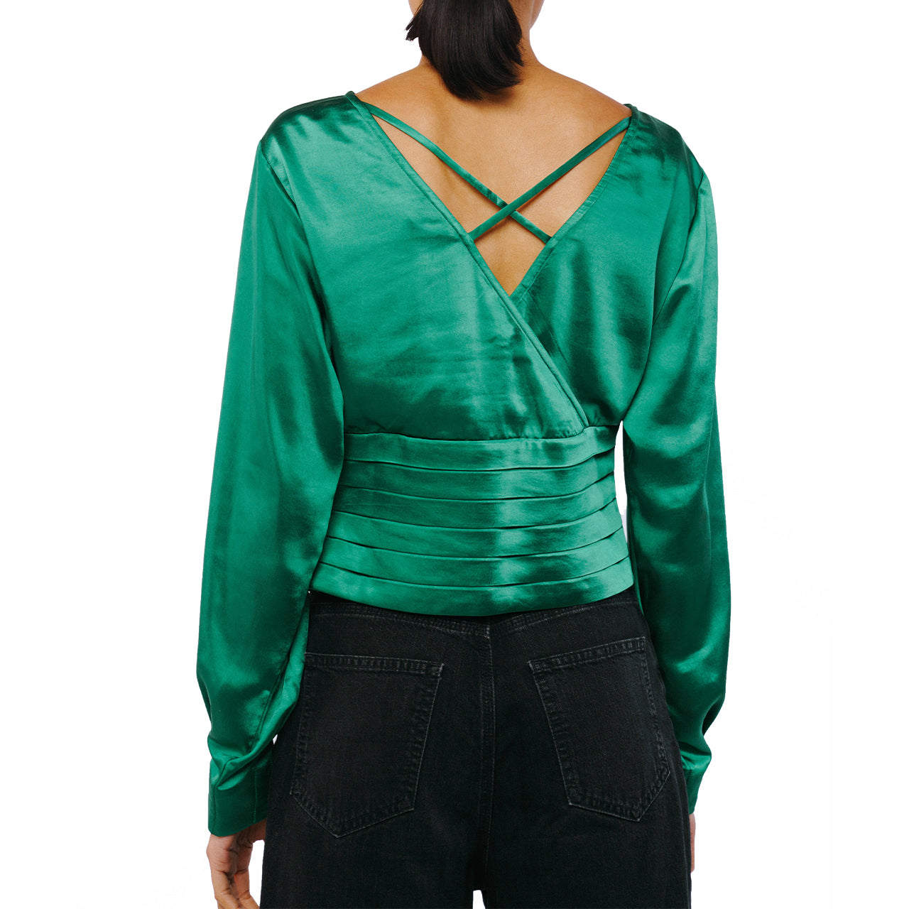  Fosi Pleated Waistband Satin Top - Green - Bonton