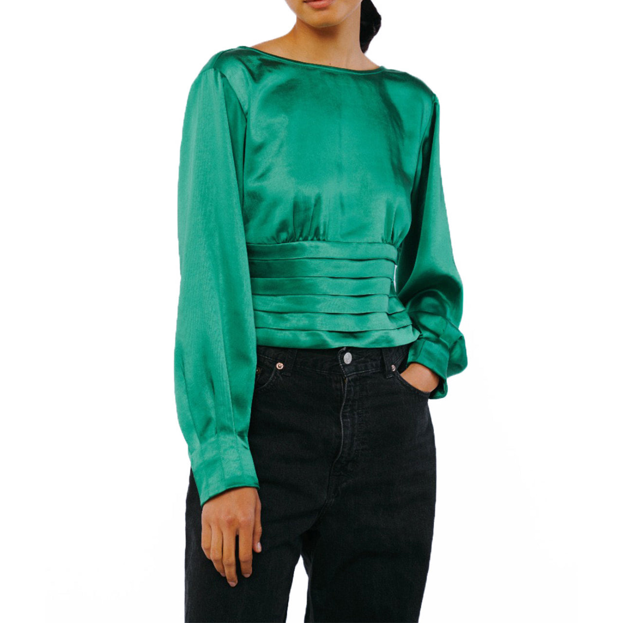  Fosi Pleated Waistband Satin Top - Green - Bonton