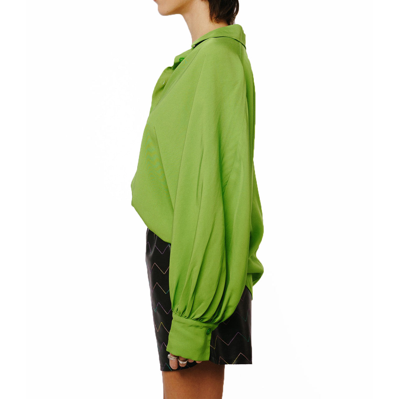  Amira Oversized Button Down Satin Top - Green - Bonton