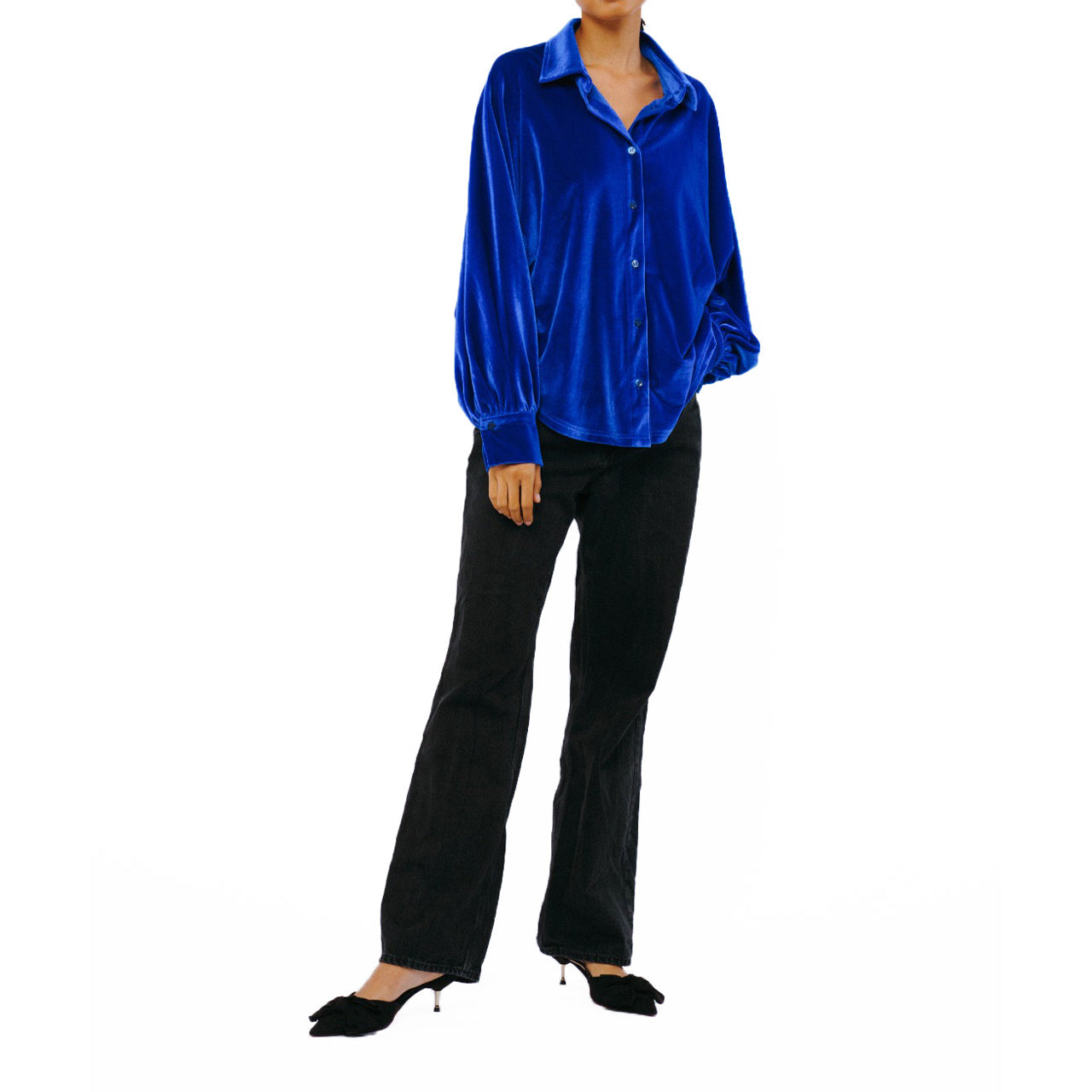  Amira Oversized Button Down Velvet Top - Cobalt - Bonton