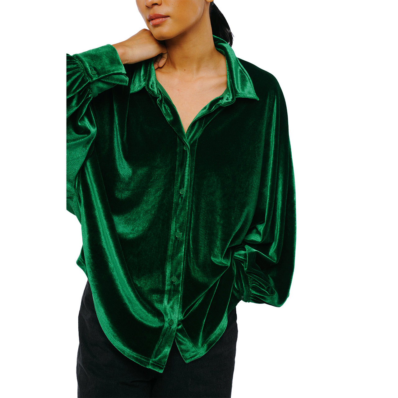  Amira Oversized Button Down Velvet Top - Green - Bonton