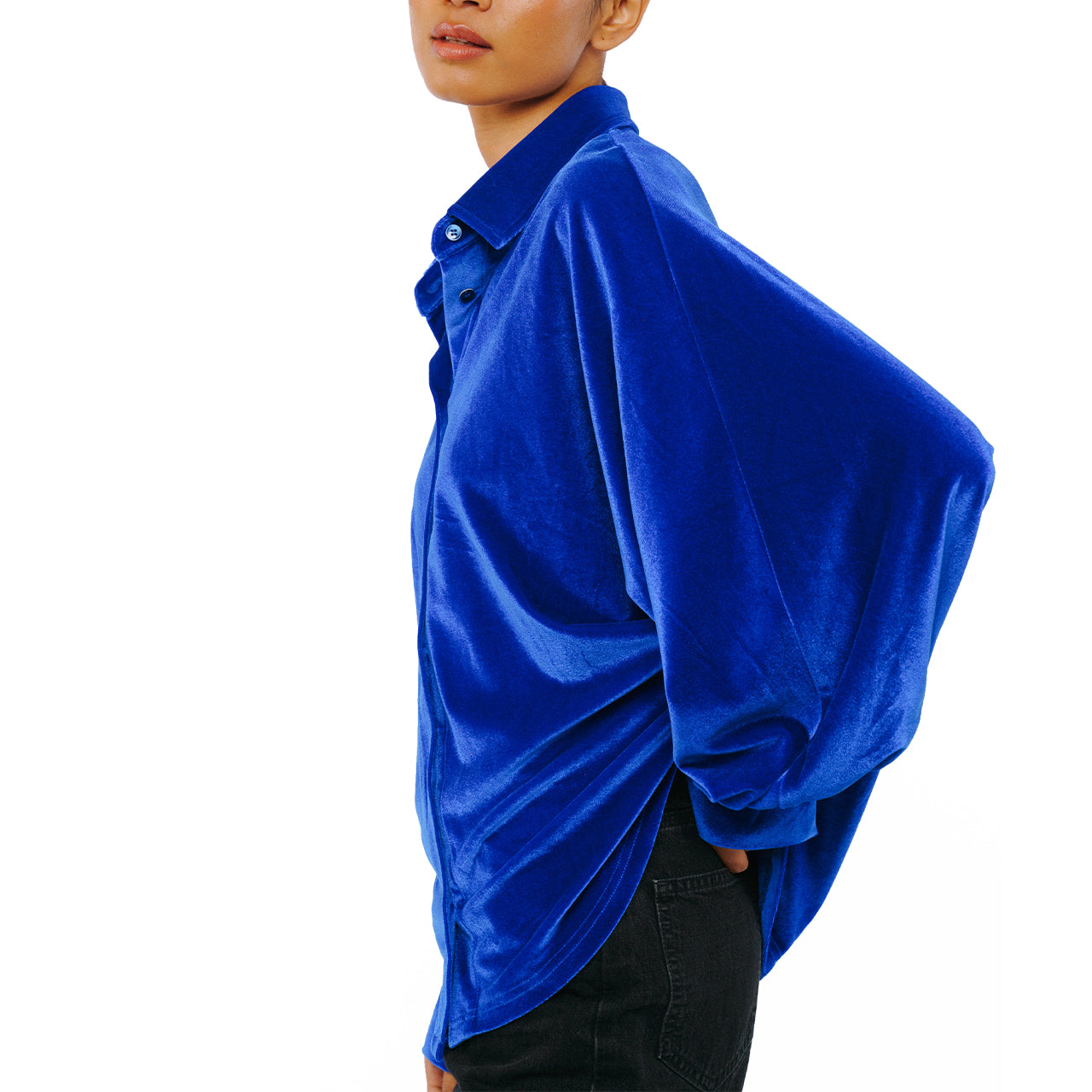  Amira Oversized Button Down Velvet Top - Cobalt - Bonton