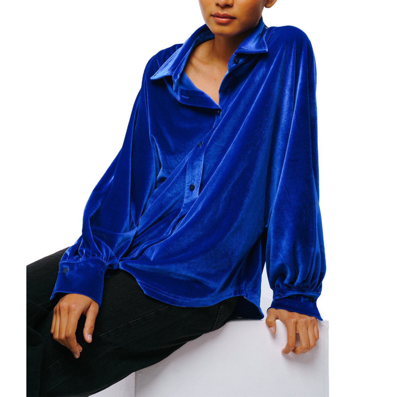  Amira Oversized Button Down Velvet Top - Cobalt - Bonton