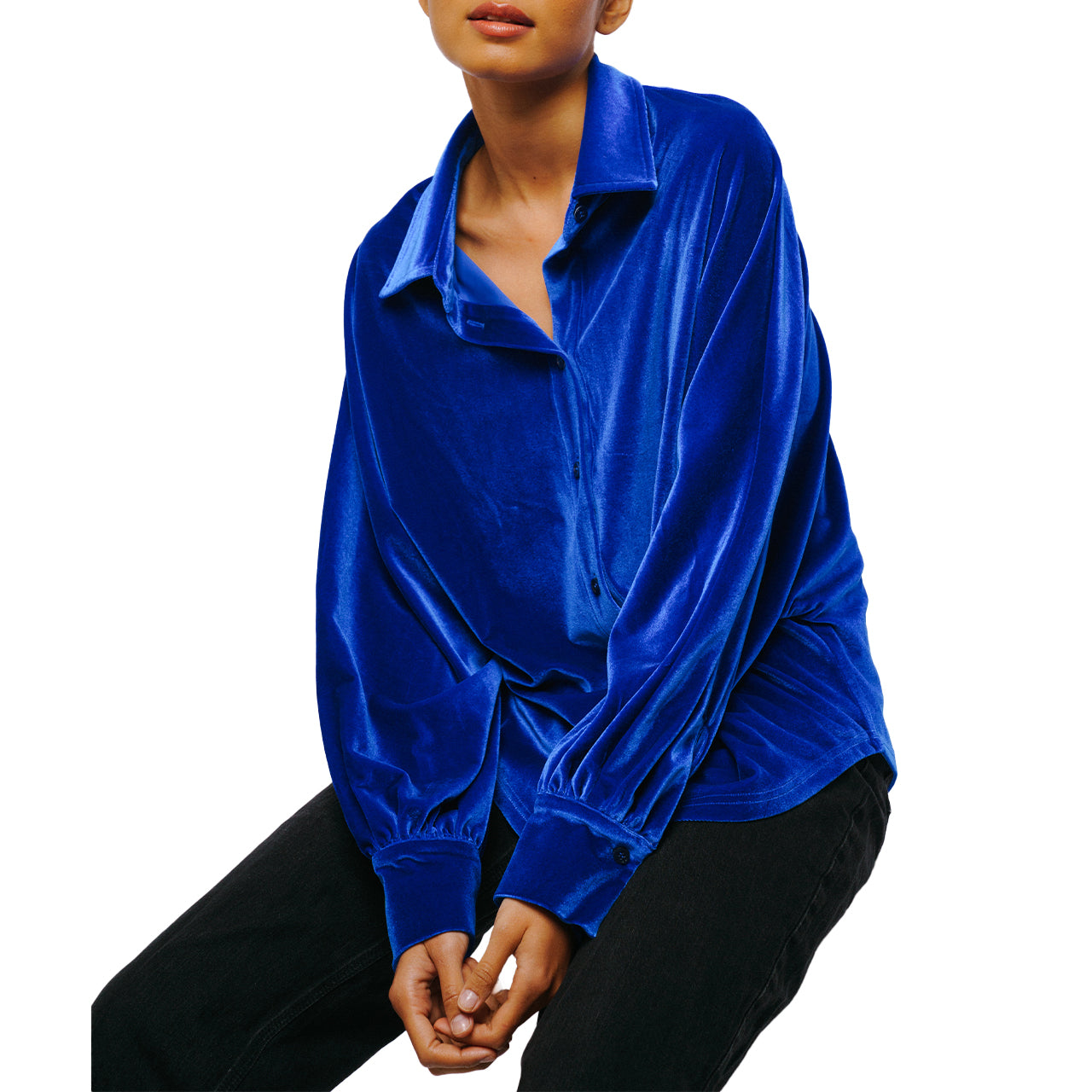  Amira Oversized Button Down Velvet Top - Cobalt - Bonton