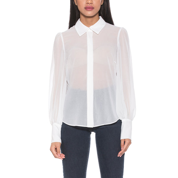 Zayn Collared Blouson Sleeve Sheer Blouse | BONTON