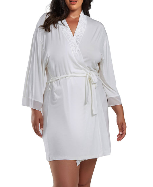 Tyler Plus Size Lace Robe with Mesh Trimmed Sleeves and Self Tie with Sash