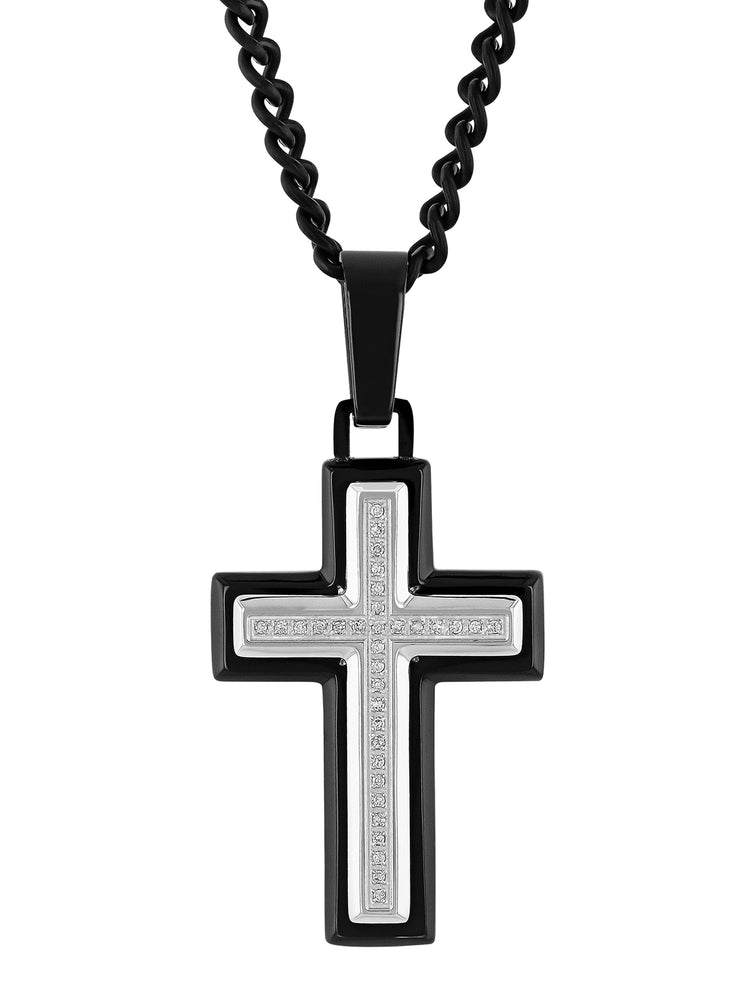 1/10Ctw Stainless Steel With Black Ip Cross Pendant