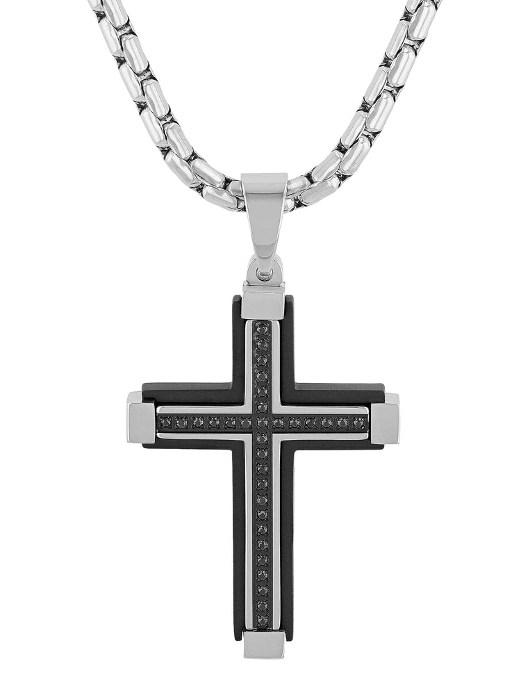 1/6Ctw Black Diamond Stainless Steel With Black Ip Cross Pendant