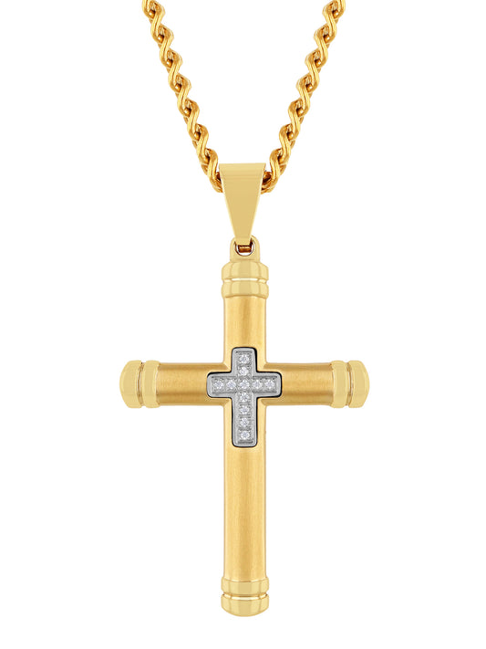 .05Ctw Stainless Steel With Yellow Ip Cross Pendant