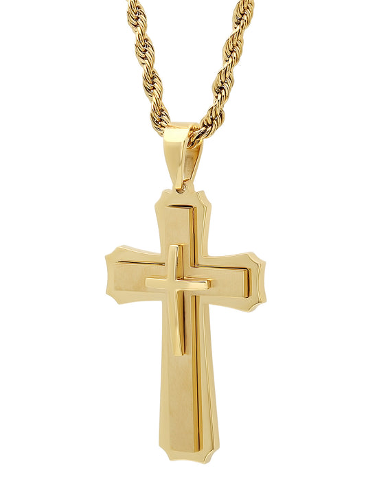 Stainless Steel With Yellow Ip Stacked Cross Pendant