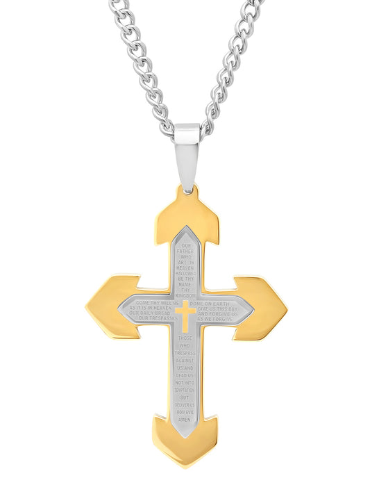 Stainless Steel Two Tone With Yellow Ip Lord'S Prayer Cross Pendant