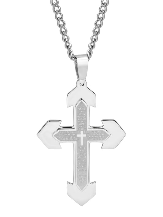 Stainless Steel Lord'S Prayer Cross Pendant