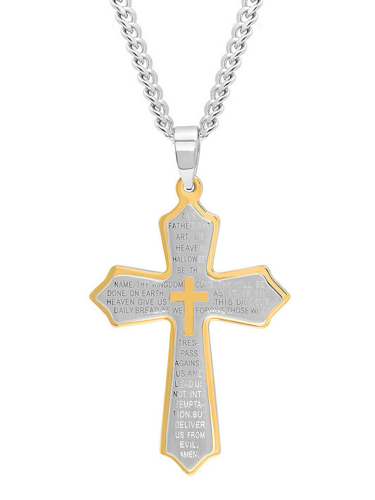 Stainless Steel Two Tone Lord'S Prayer Cross Pendant