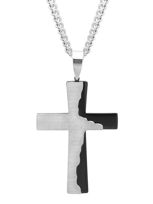 Stainless Steel With Black Ip Lord'S Prayer Cross Pendant