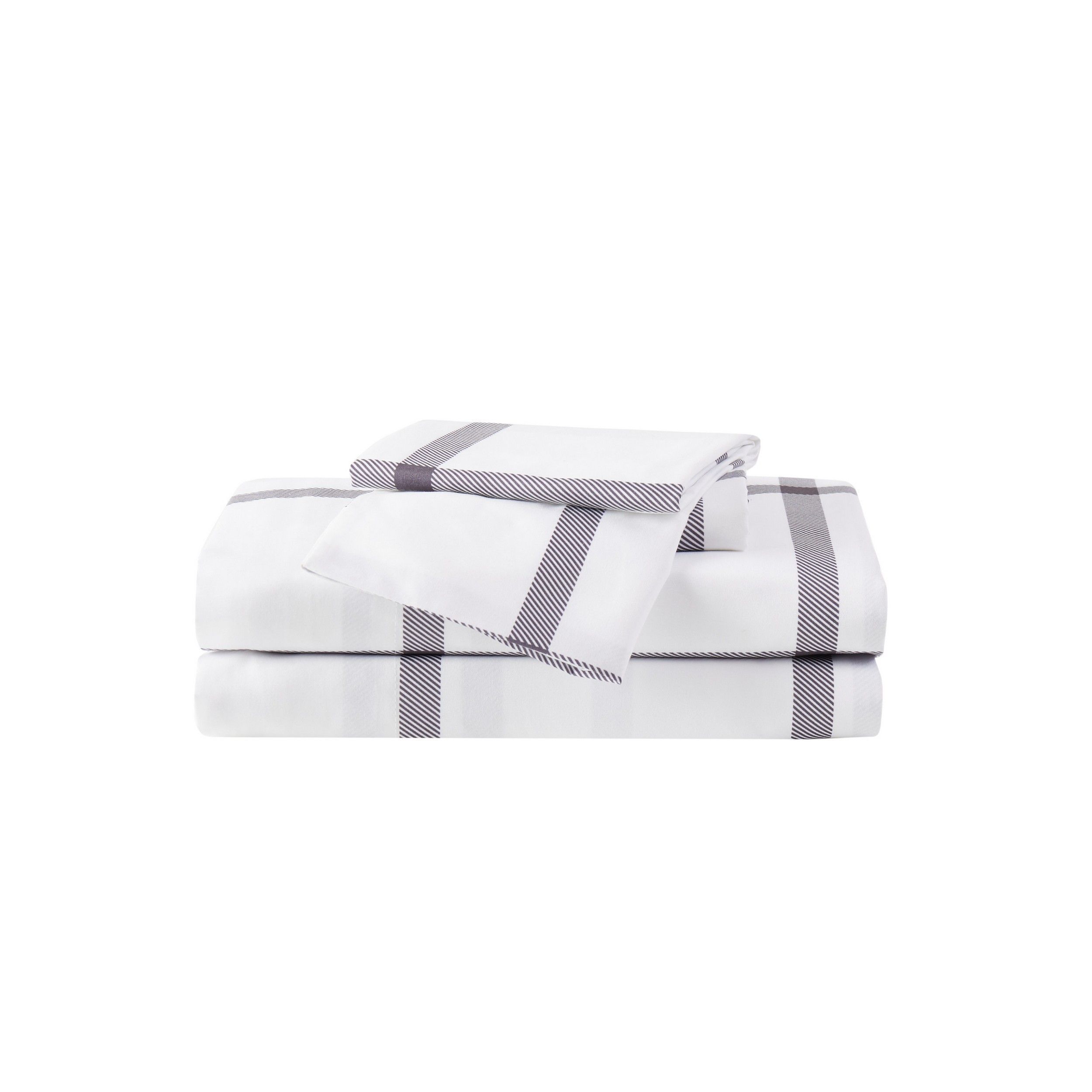  Truly Soft Printed Windowpane Sheet Set - White and Charcoal Grey - Bonton