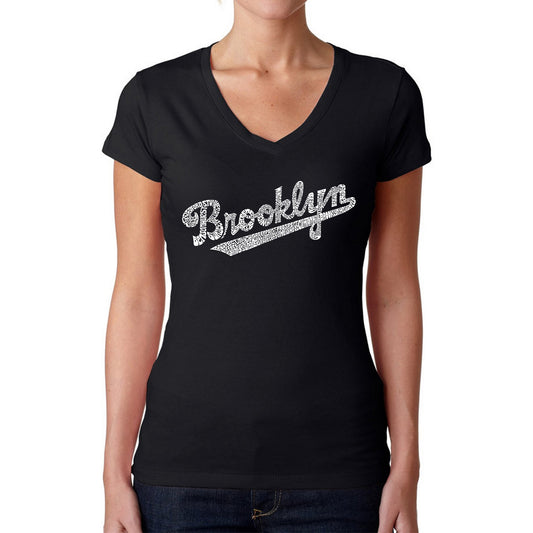 LA Pop Art Women's Word Art V-Neck T-Shirt - Brooklyn Neighborhoods