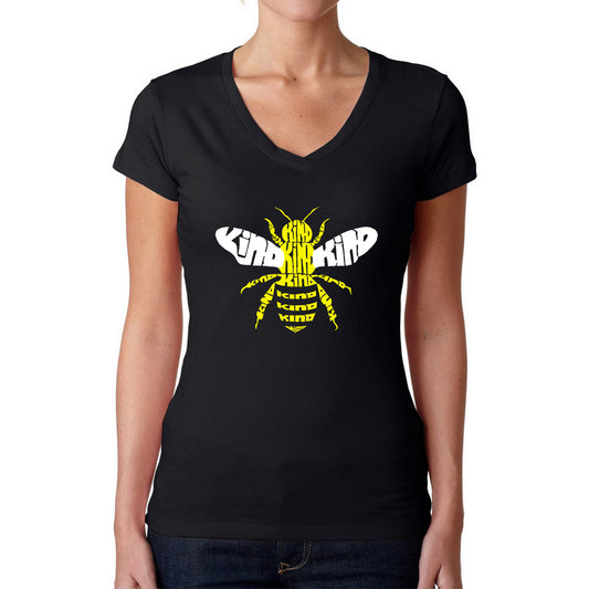 LA Pop Art Women's Word Art V-Neck T-Shirt - Bee Kind