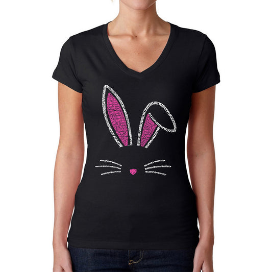 LA Pop Art Women's Word Art V-Neck T-Shirt - Bunny Ears